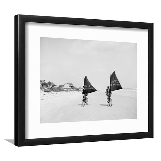 Cycling on the Beach Coastal Wall Art Victorian Black and White Art, Framed Art Print White Border Wall Decor