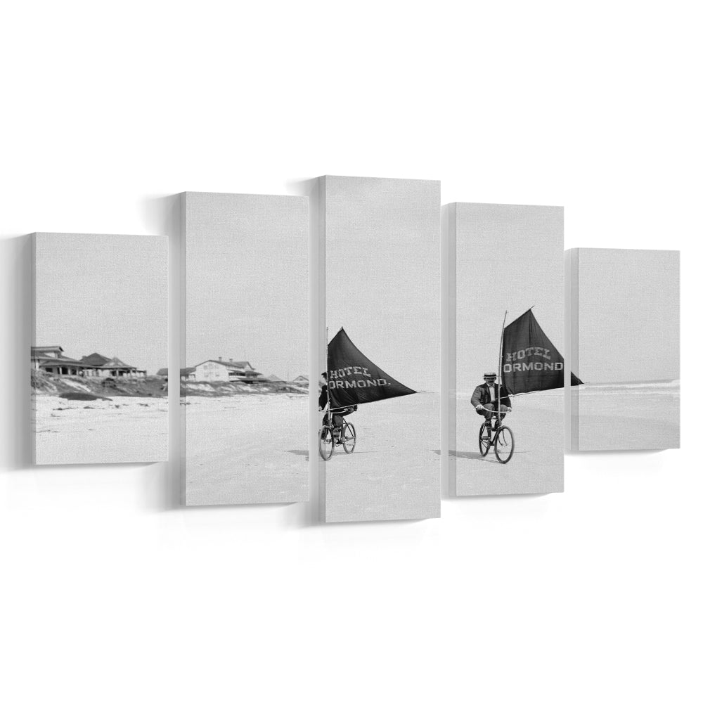 Cycling on the Beach Coastal Wall Art Victorian Black and White Art, Mixed 5 Pieces Canvas Print