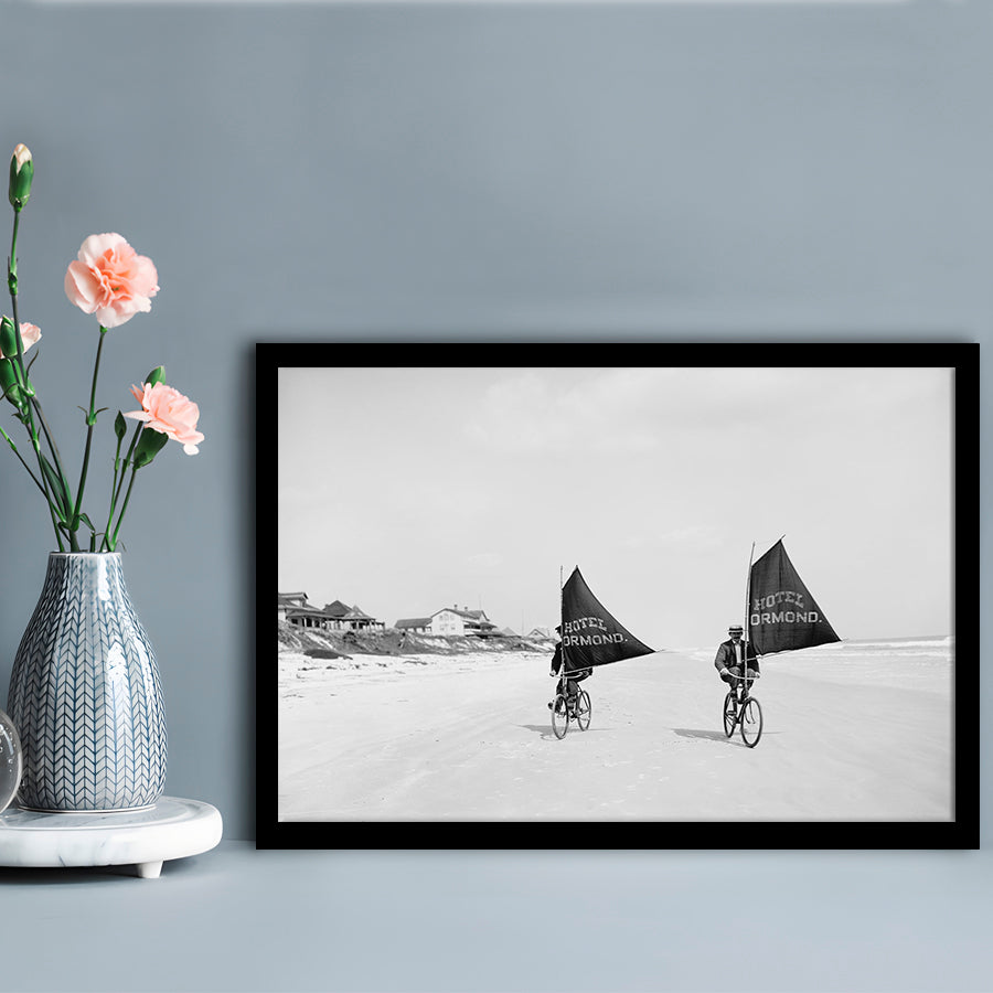 Cycling on the Beach Coastal Wall Art Victorian Black and White Art, Framed Art Print Wall Decor