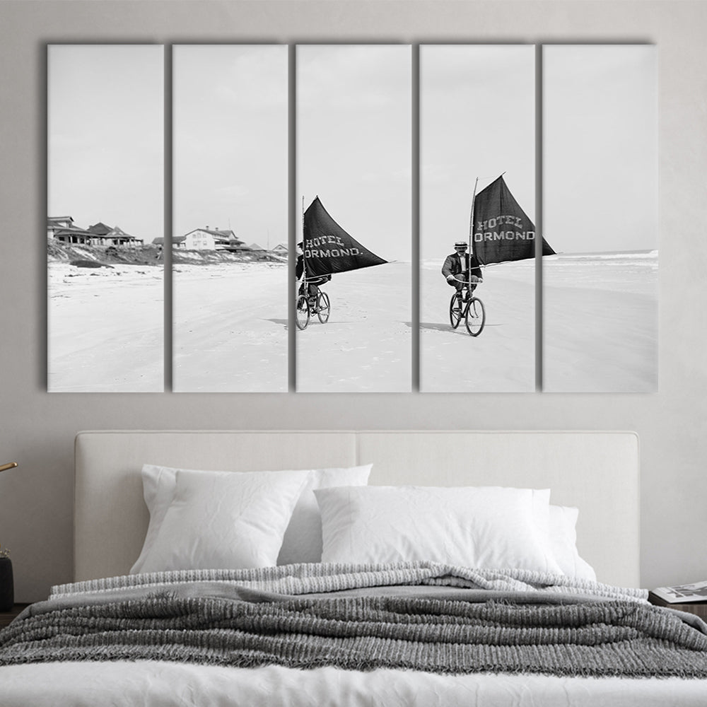 Cycling on the Beach Coastal Wall Art Victorian Black and White Art, 5 Pieces Large Canvas Print