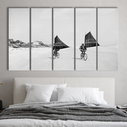 Cycling on the Beach Coastal Wall Art Victorian Black and White Art, 5 Pieces Large Canvas Print