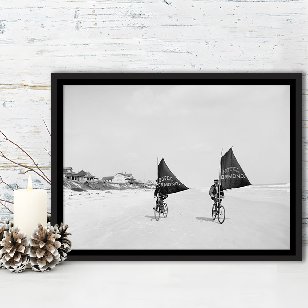 Cycling on the Beach Coastal Wall Art Victorian Black and White Art, Floating Framed Canvas Print
