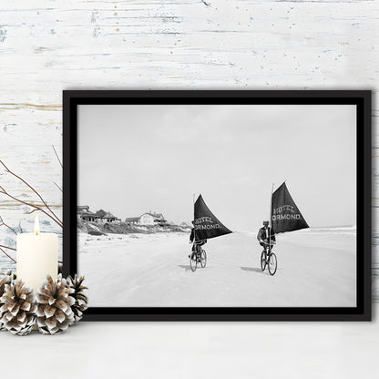 Cycling on the Beach Coastal Wall Art Victorian Black and White Art, Floating Framed Canvas Print