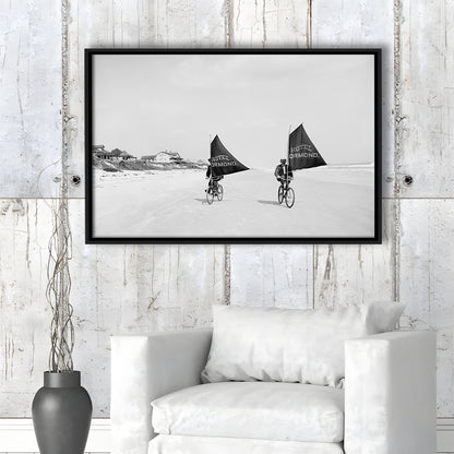 Cycling on the Beach Coastal Wall Art Victorian Black and White Art, Floating Framed Canvas Print