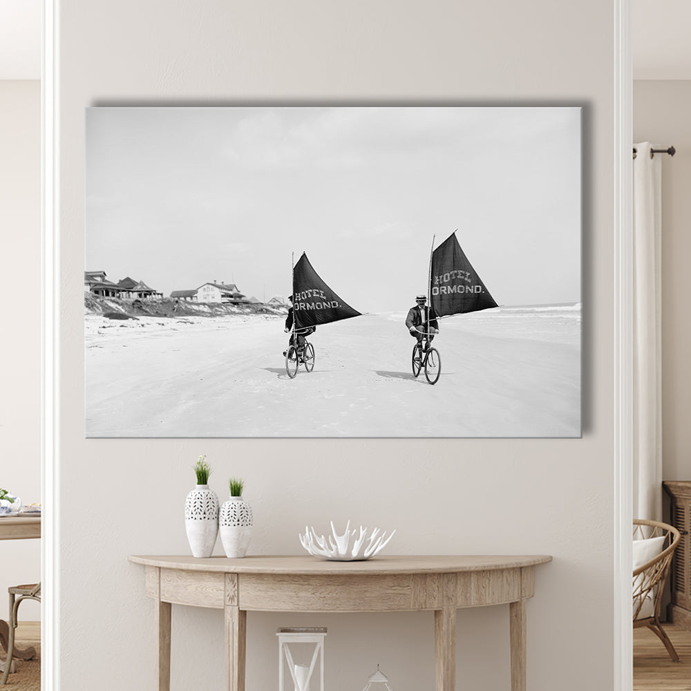 Cycling on the Beach Coastal Wall Art Victorian Black and White Art, Canvas Print Wall Art Decor