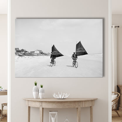Cycling on the Beach Coastal Wall Art Victorian Black and White Art, Canvas Print Wall Art Decor