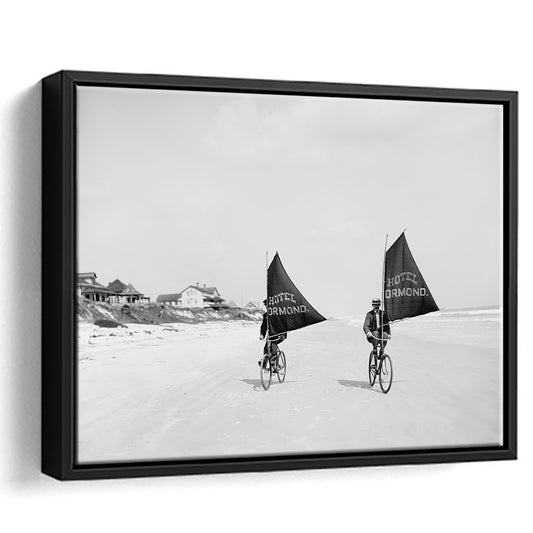 Cycling on the Beach Coastal Wall Art Victorian Black and White Art, Floating Framed Canvas Print