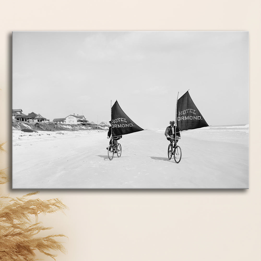 Cycling on the Beach Coastal Wall Art Victorian Black and White Art, Canvas Print Wall Art Decor