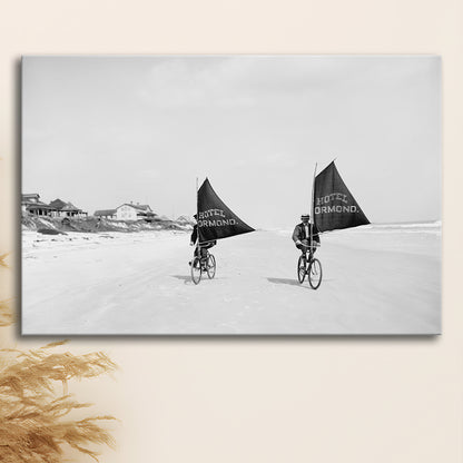 Cycling on the Beach Coastal Wall Art Victorian Black and White Art, Canvas Print Wall Art Decor