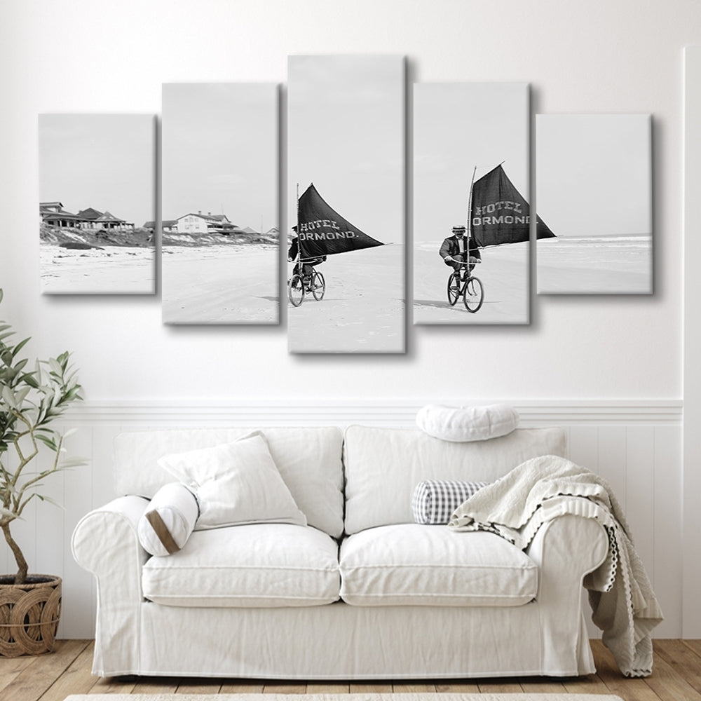 Cycling on the Beach Coastal Wall Art Victorian Black and White Art, Mixed 5 Pieces Canvas Print