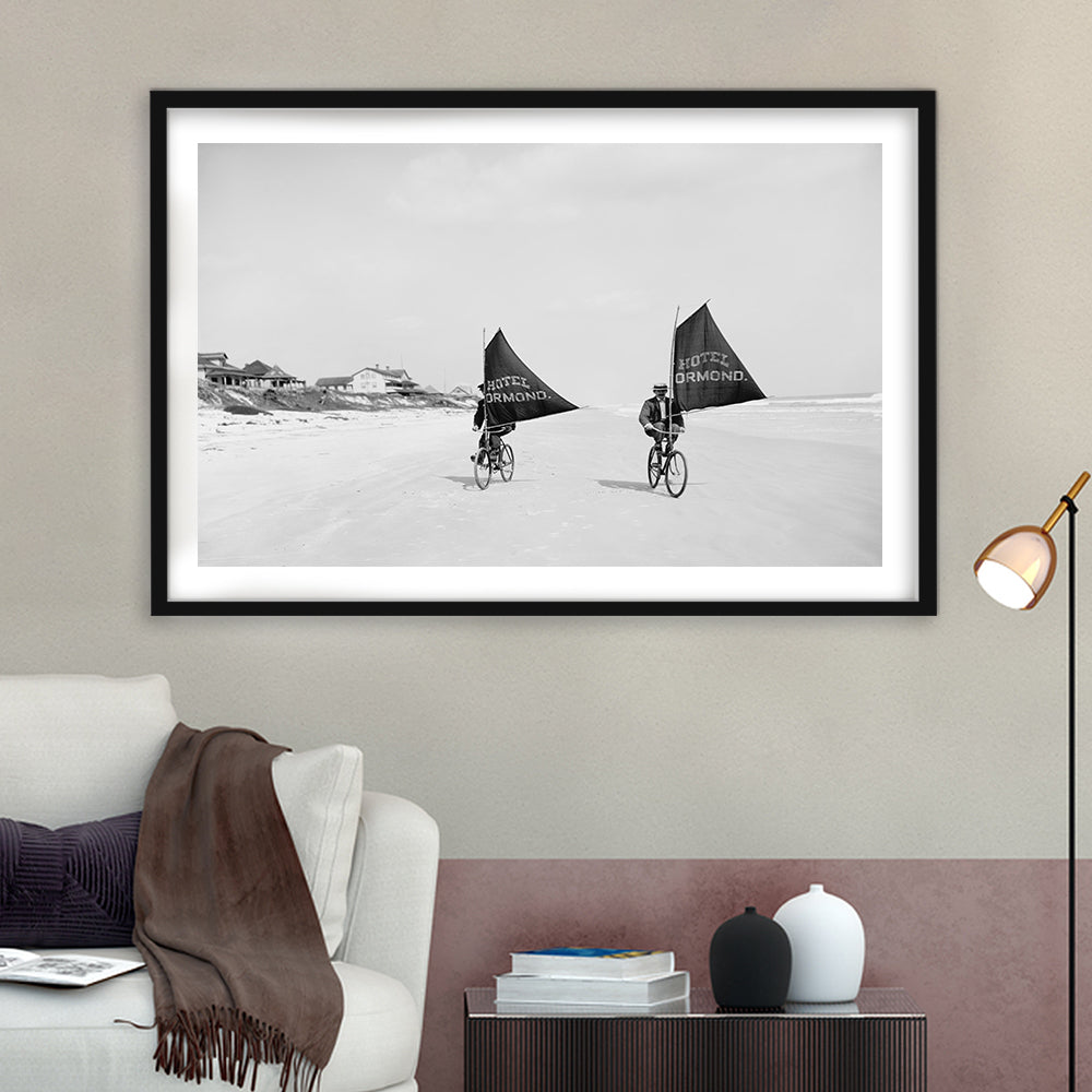 Cycling on the Beach Coastal Wall Art Victorian Black and White Art, Framed Art Print White Border Wall Decor