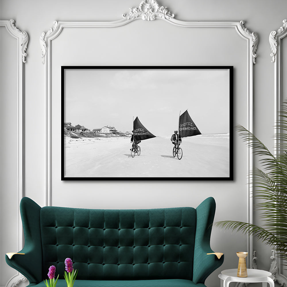 Cycling on the Beach Coastal Wall Art Victorian Black and White Art, Framed Art Print Wall Decor