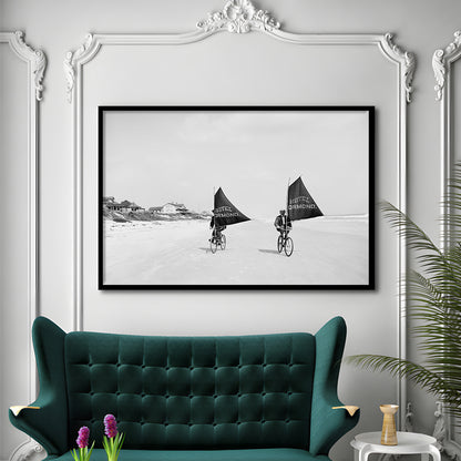 Cycling on the Beach Coastal Wall Art Victorian Black and White Art, Framed Art Print Wall Decor