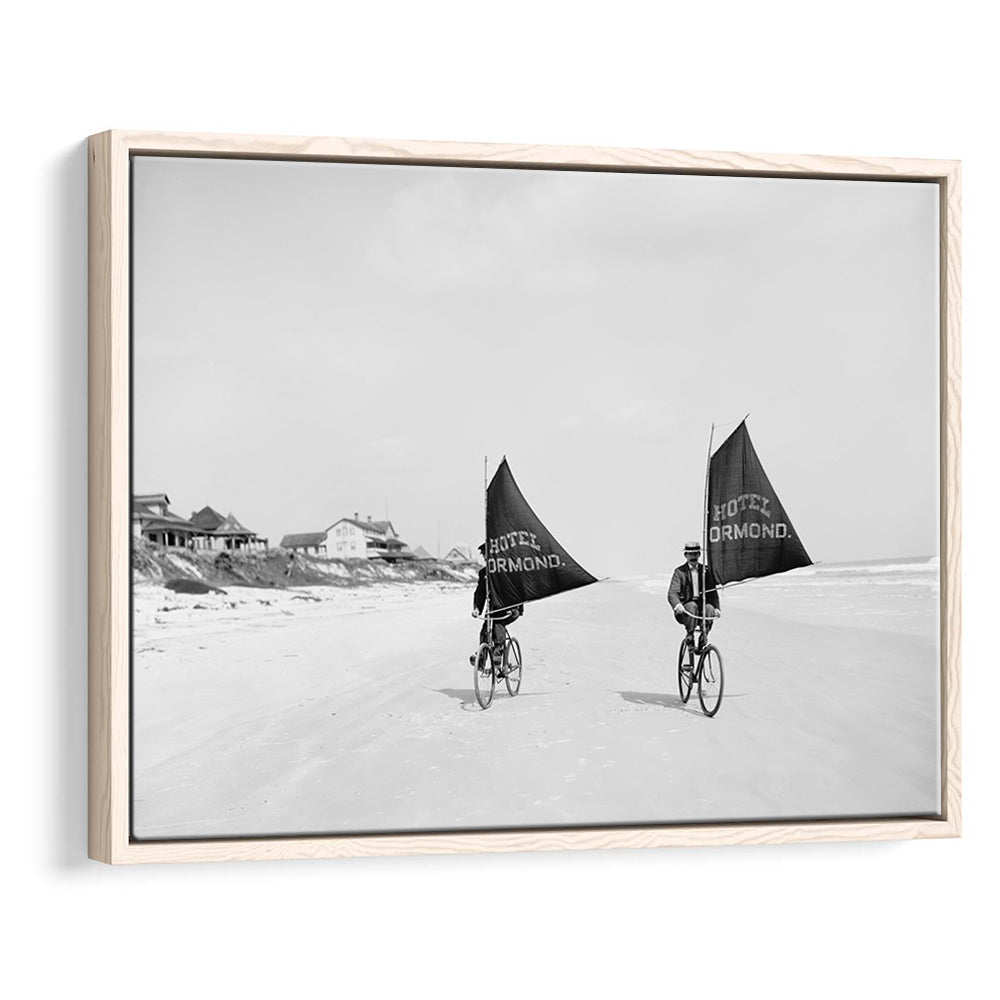 Cycling on the Beach Coastal Wall Art Victorian Black and White Art, Floating Framed Canvas Print