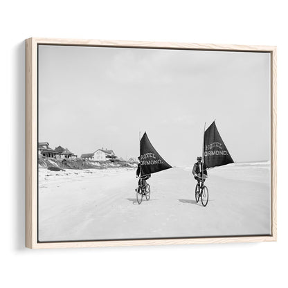 Cycling on the Beach Coastal Wall Art Victorian Black and White Art, Floating Framed Canvas Print