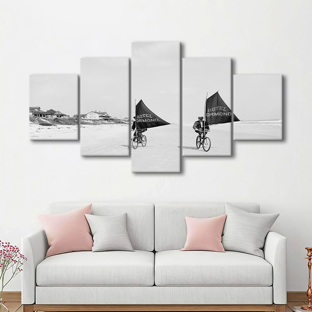 Cycling on the Beach Coastal Wall Art Victorian Black and White Art, Mixed 5 Pieces Canvas Print