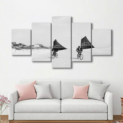 Cycling on the Beach Coastal Wall Art Victorian Black and White Art, Mixed 5 Pieces Canvas Print