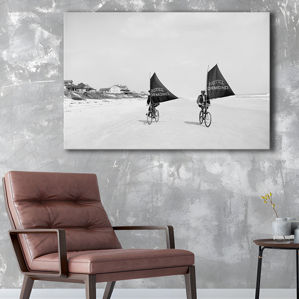 Cycling on the Beach Coastal Wall Art Victorian Black and White Art, Canvas Print Wall Art Decor
