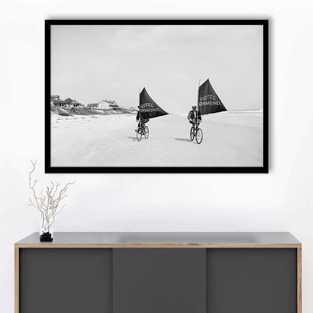 Cycling on the Beach Coastal Wall Art Victorian Black and White Art, Framed Art Print Wall Decor