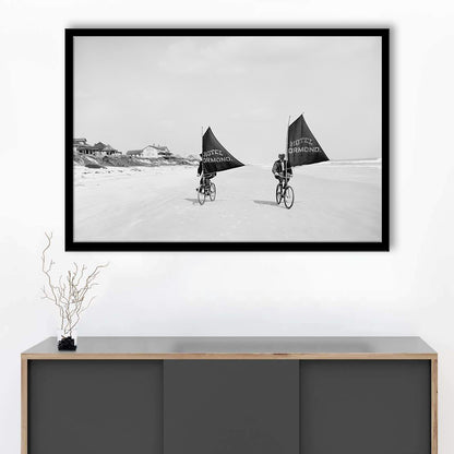 Cycling on the Beach Coastal Wall Art Victorian Black and White Art, Framed Art Print Wall Decor