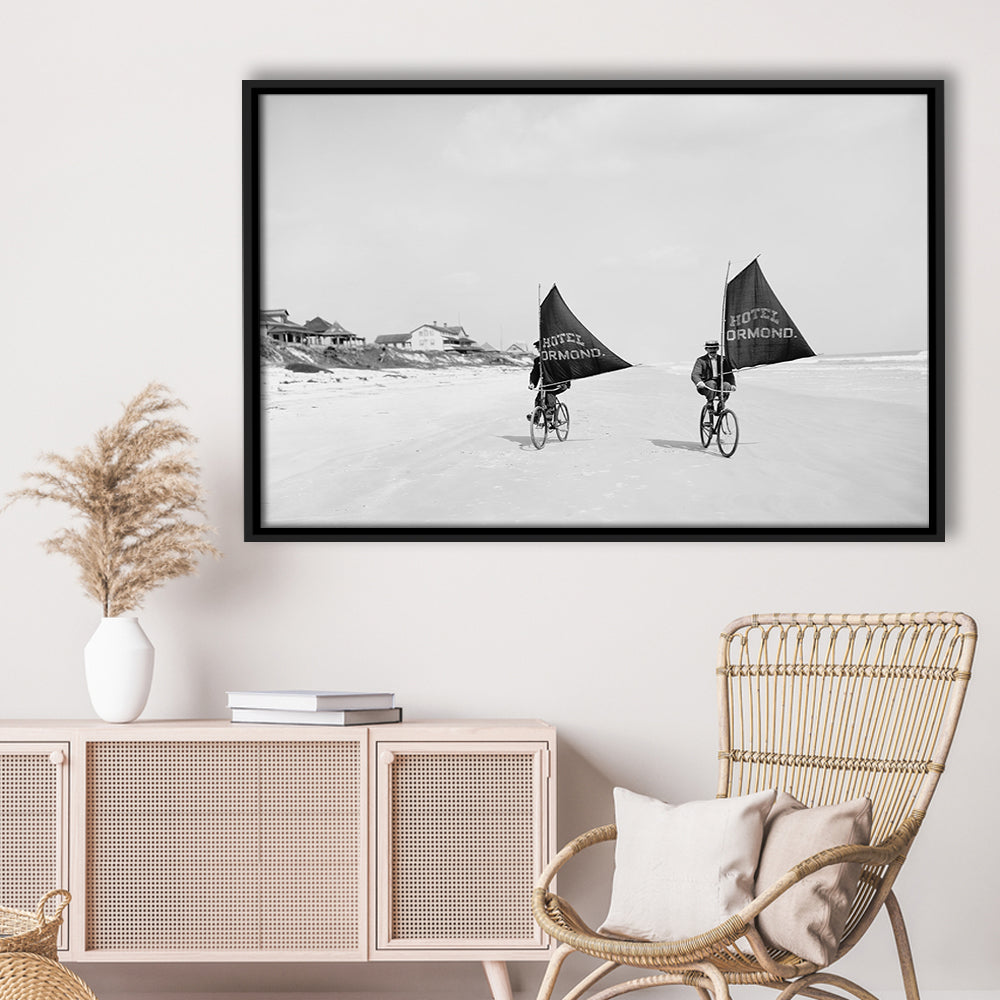 Cycling on the Beach Coastal Wall Art Victorian Black and White Art, Floating Framed Canvas Print
