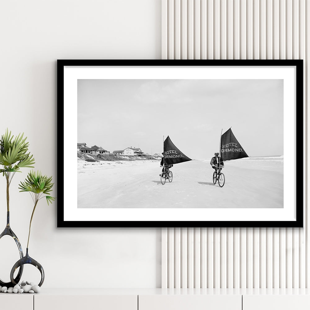 Cycling on the Beach Coastal Wall Art Victorian Black and White Art, Framed Art Print White Border Wall Decor