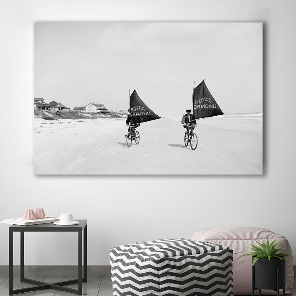 Cycling on the Beach Coastal Wall Art Victorian Black and White Art, Canvas Print Wall Art Decor