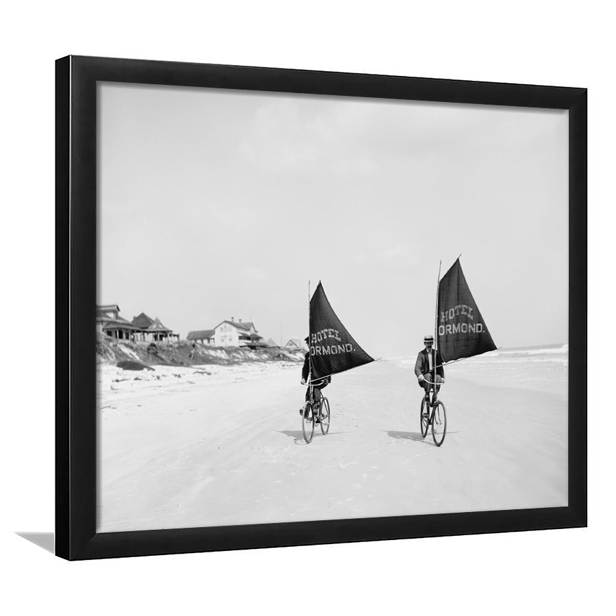 Cycling on the Beach Coastal Wall Art Victorian Black and White Art, Framed Art Print Wall Decor