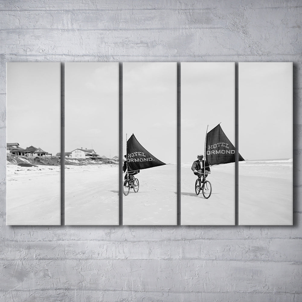 Cycling on the Beach Coastal Wall Art Victorian Black and White Art, 5 Pieces Large Canvas Print