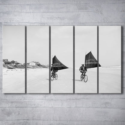 Cycling on the Beach Coastal Wall Art Victorian Black and White Art, 5 Pieces Large Canvas Print