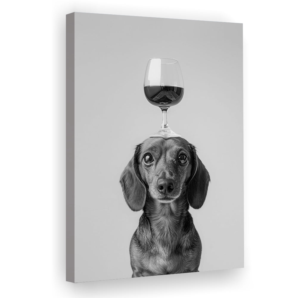 Dachshund Balancing Wine On Head Canvas Print Wall Art, Black and White, Wine Glass Art,, Kitchen Wall Decor