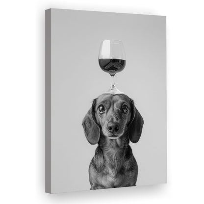 Dachshund Balancing Wine On Head Canvas Print Wall Art, Black and White, Wine Glass Art,, Kitchen Wall Decor