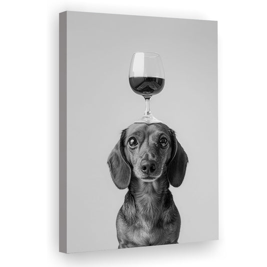 Dachshund Balancing Wine On Head Canvas Print Wall Art, Black and White, Wine Glass Art,, Kitchen Wall Decor