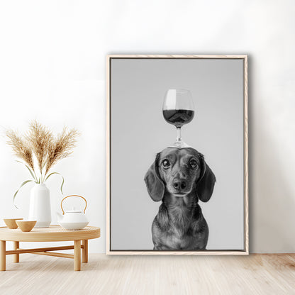 Dachshund Balancing Wine On Head Framed Canvas Print Wall Art, Black and White, Wine Glass Art, Kitchen Wall Decor