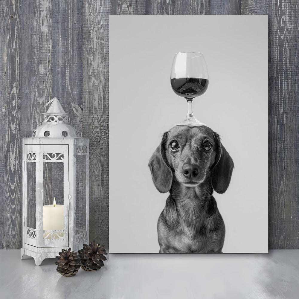 Dachshund Balancing Wine On Head Canvas Print Wall Art, Black and White, Wine Glass Art,, Kitchen Wall Decor