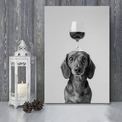 Dachshund Balancing Wine On Head Canvas Print Wall Art, Black and White, Wine Glass Art,, Kitchen Wall Decor