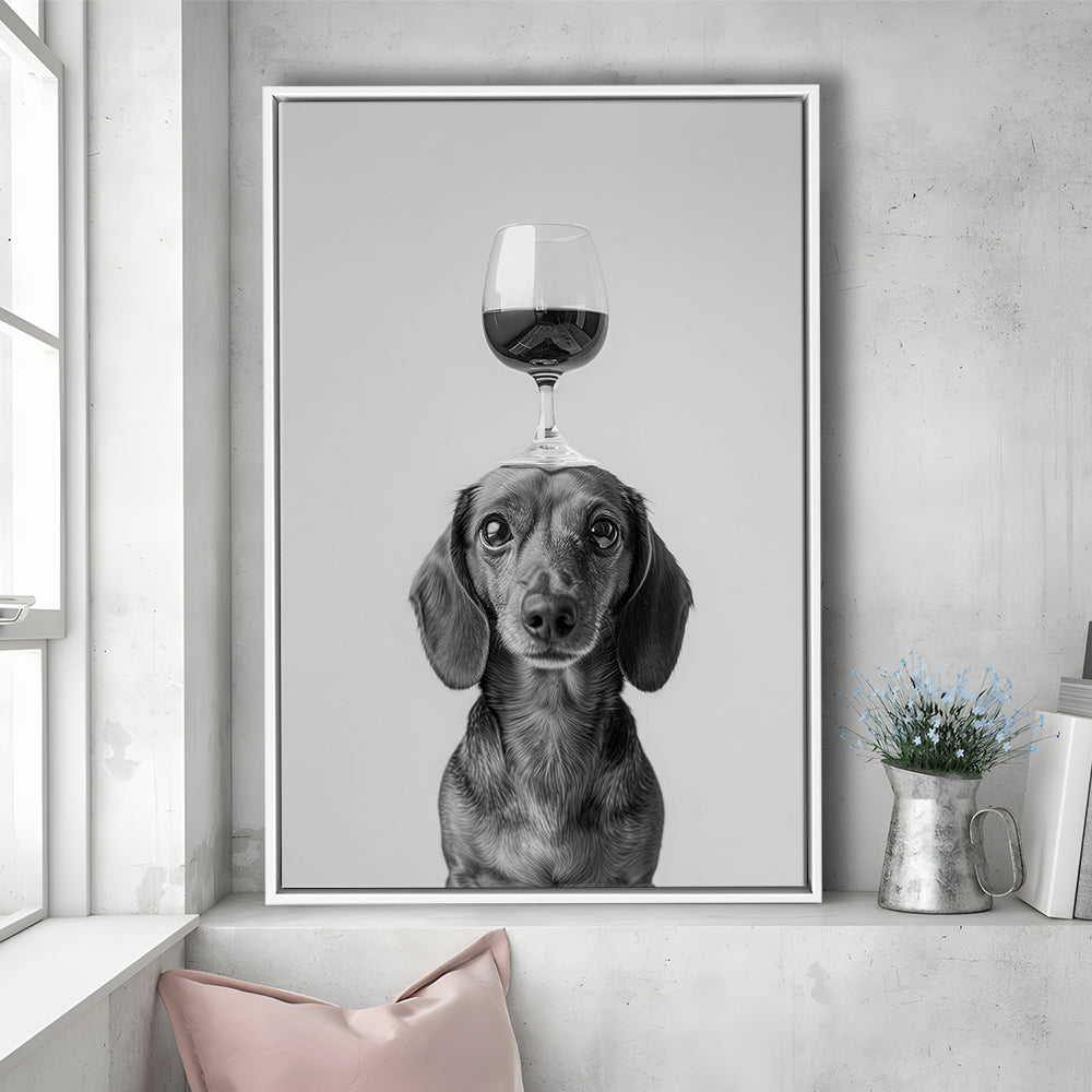 Dachshund Balancing Wine On Head Framed Canvas Print Wall Art, Black and White, Wine Glass Art, Kitchen Wall Decor