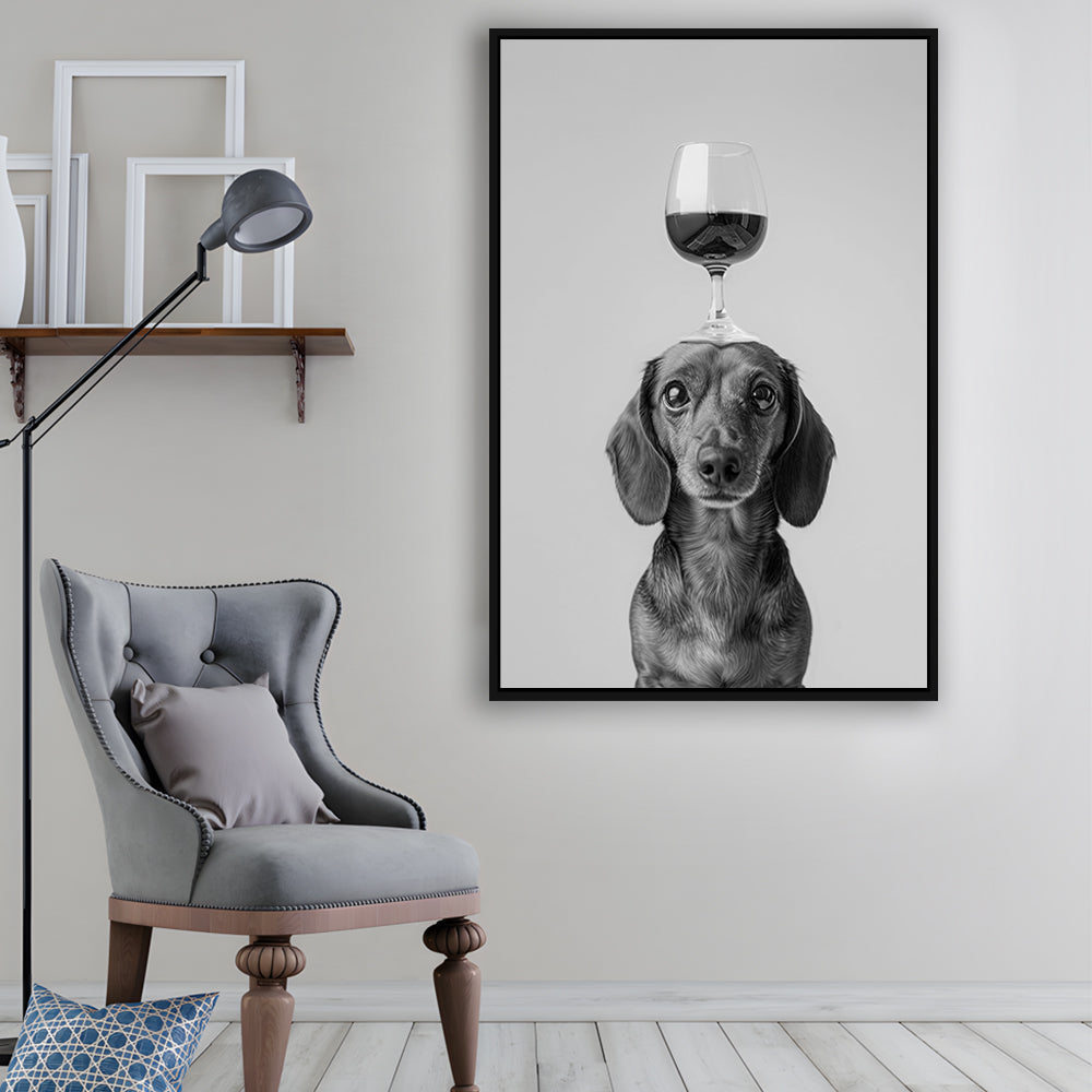Dachshund Balancing Wine On Head Framed Canvas Print Wall Art, Black and White, Wine Glass Art, Kitchen Wall Decor