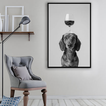 Dachshund Balancing Wine On Head Framed Canvas Print Wall Art, Black and White, Wine Glass Art, Kitchen Wall Decor