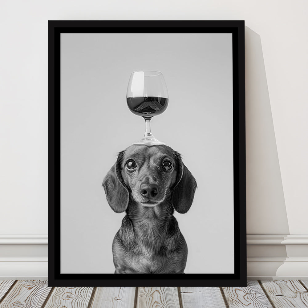 Dachshund Balancing Wine On Head Framed Canvas Print Wall Art, Black and White, Wine Glass Art, Kitchen Wall Decor