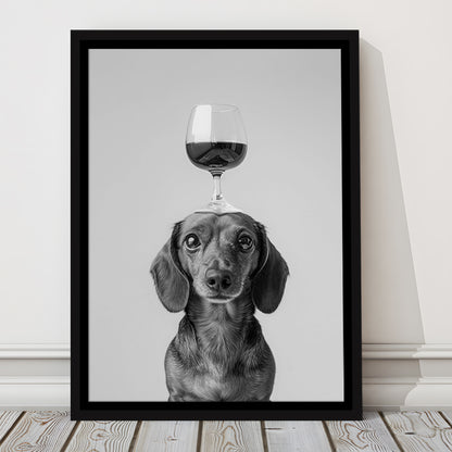 Dachshund Balancing Wine On Head Framed Canvas Print Wall Art, Black and White, Wine Glass Art, Kitchen Wall Decor