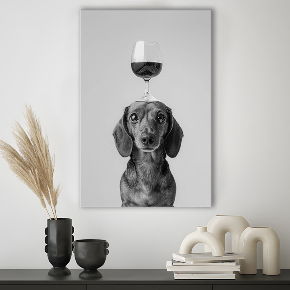 Dachshund Balancing Wine On Head Canvas Print Wall Art, Black and White, Wine Glass Art,, Kitchen Wall Decor