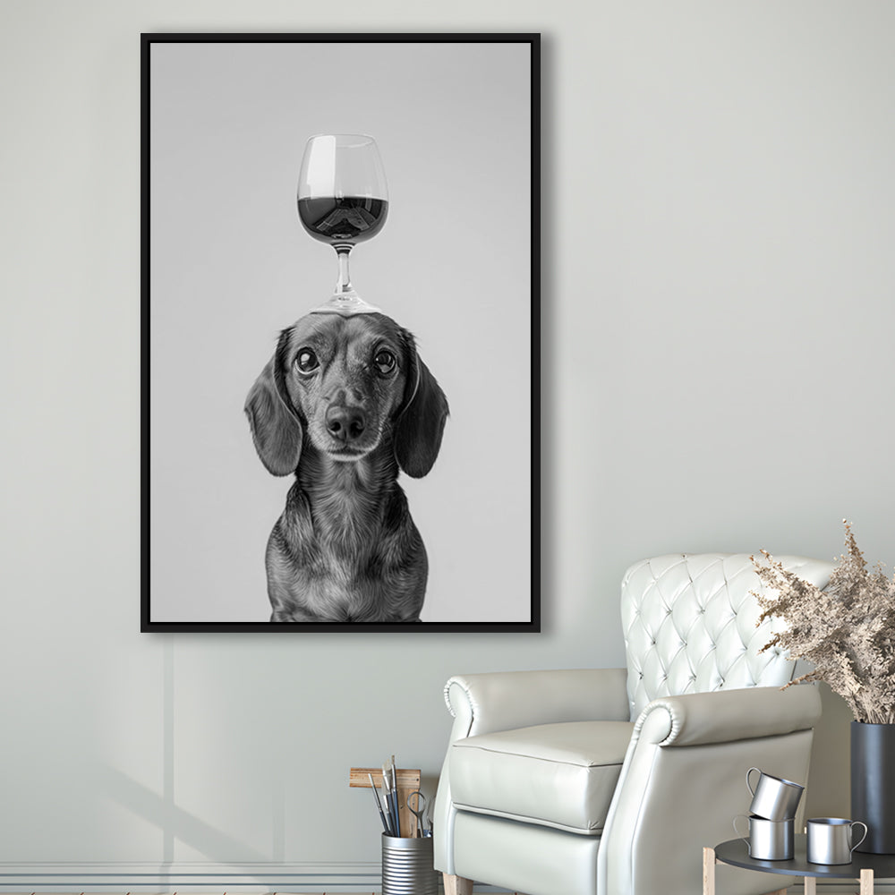 Dachshund Balancing Wine On Head Framed Canvas Print Wall Art, Black and White, Wine Glass Art, Kitchen Wall Decor