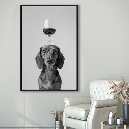 Dachshund Balancing Wine On Head Framed Canvas Print Wall Art, Black and White, Wine Glass Art, Kitchen Wall Decor