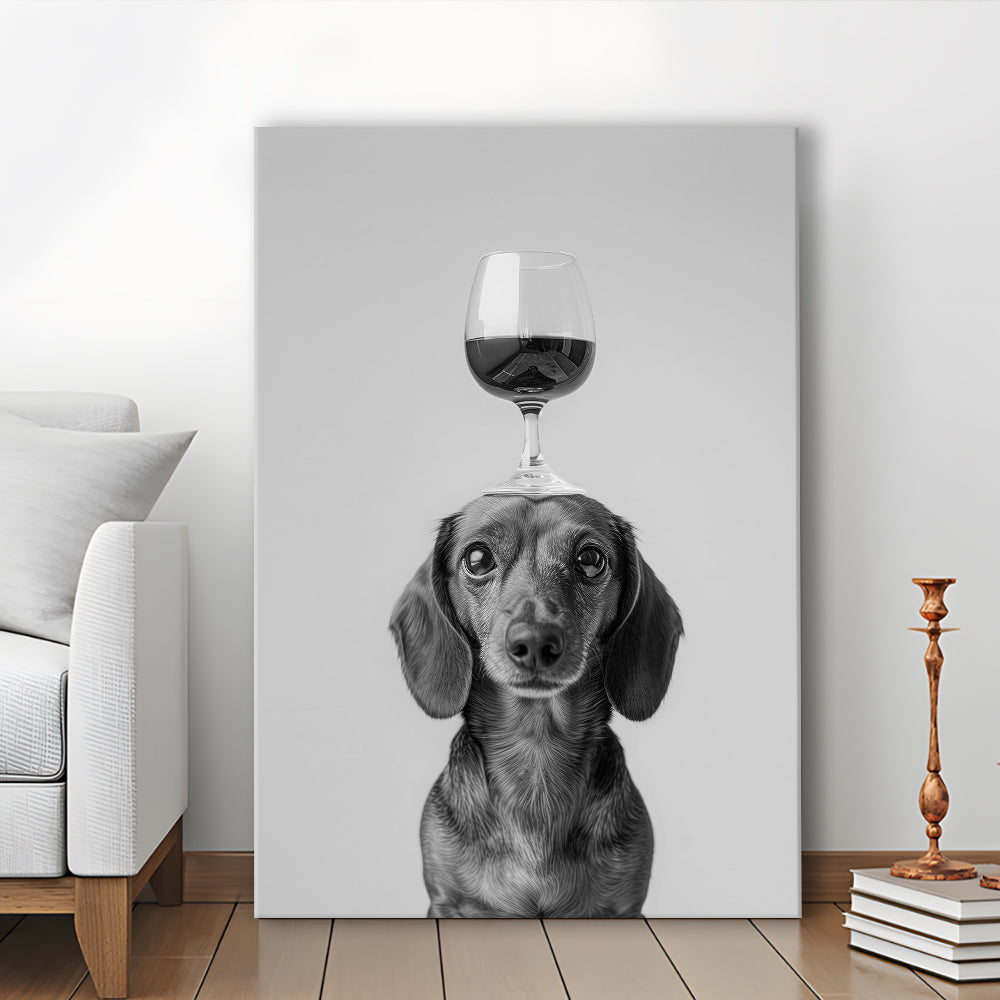 Dachshund Balancing Wine On Head Canvas Print Wall Art, Black and White, Wine Glass Art,, Kitchen Wall Decor