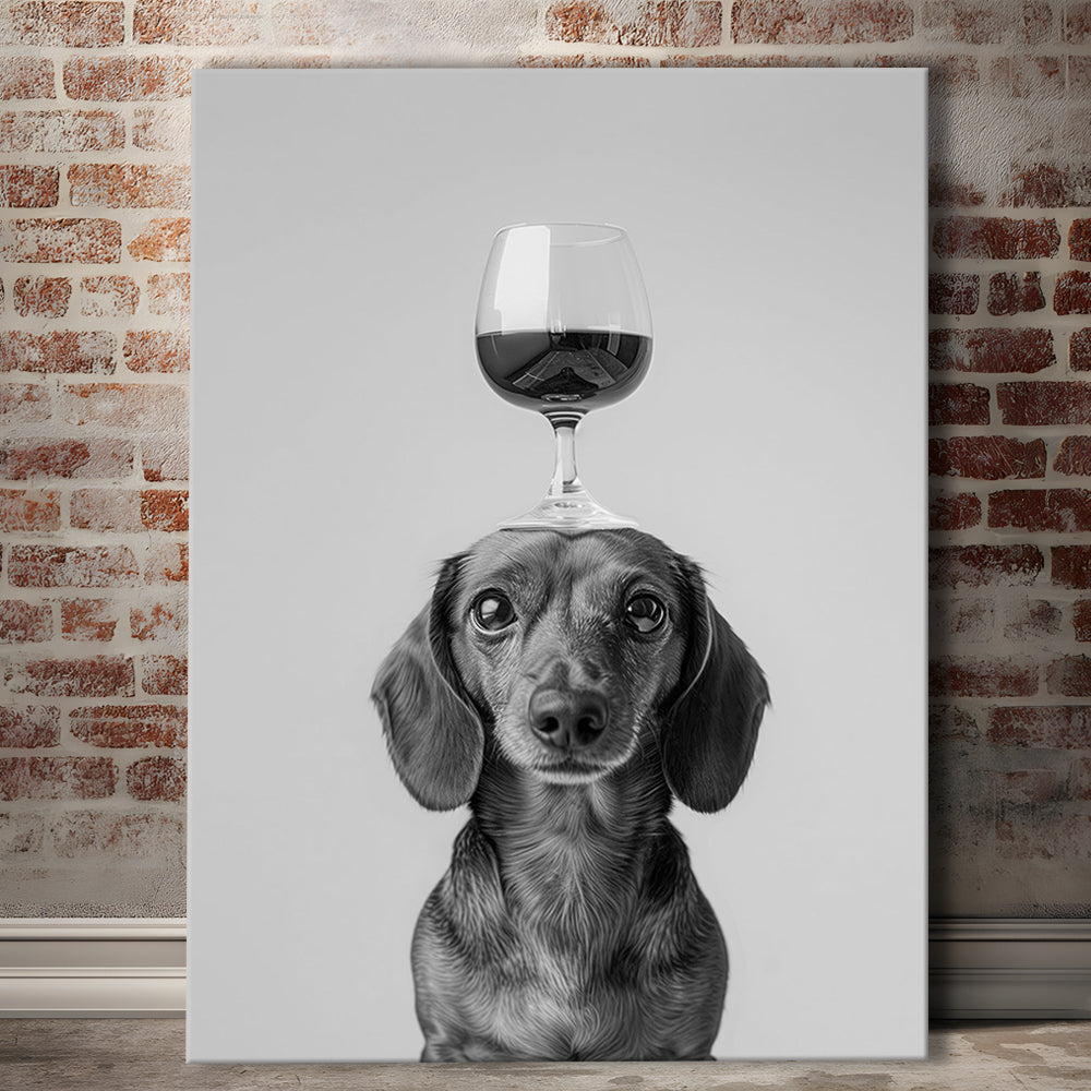 Dachshund Balancing Wine On Head Canvas Print Wall Art, Black and White, Wine Glass Art,, Kitchen Wall Decor