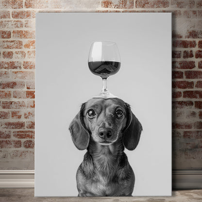 Dachshund Balancing Wine On Head Canvas Print Wall Art, Black and White, Wine Glass Art,, Kitchen Wall Decor
