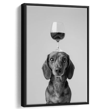 Dachshund Balancing Wine On Head Framed Canvas Print Wall Art, Black and White, Wine Glass Art, Kitchen Wall Decor