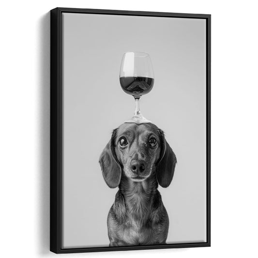 Dachshund Balancing Wine On Head Framed Canvas Print Wall Art, Black and White, Wine Glass Art, Kitchen Wall Decor