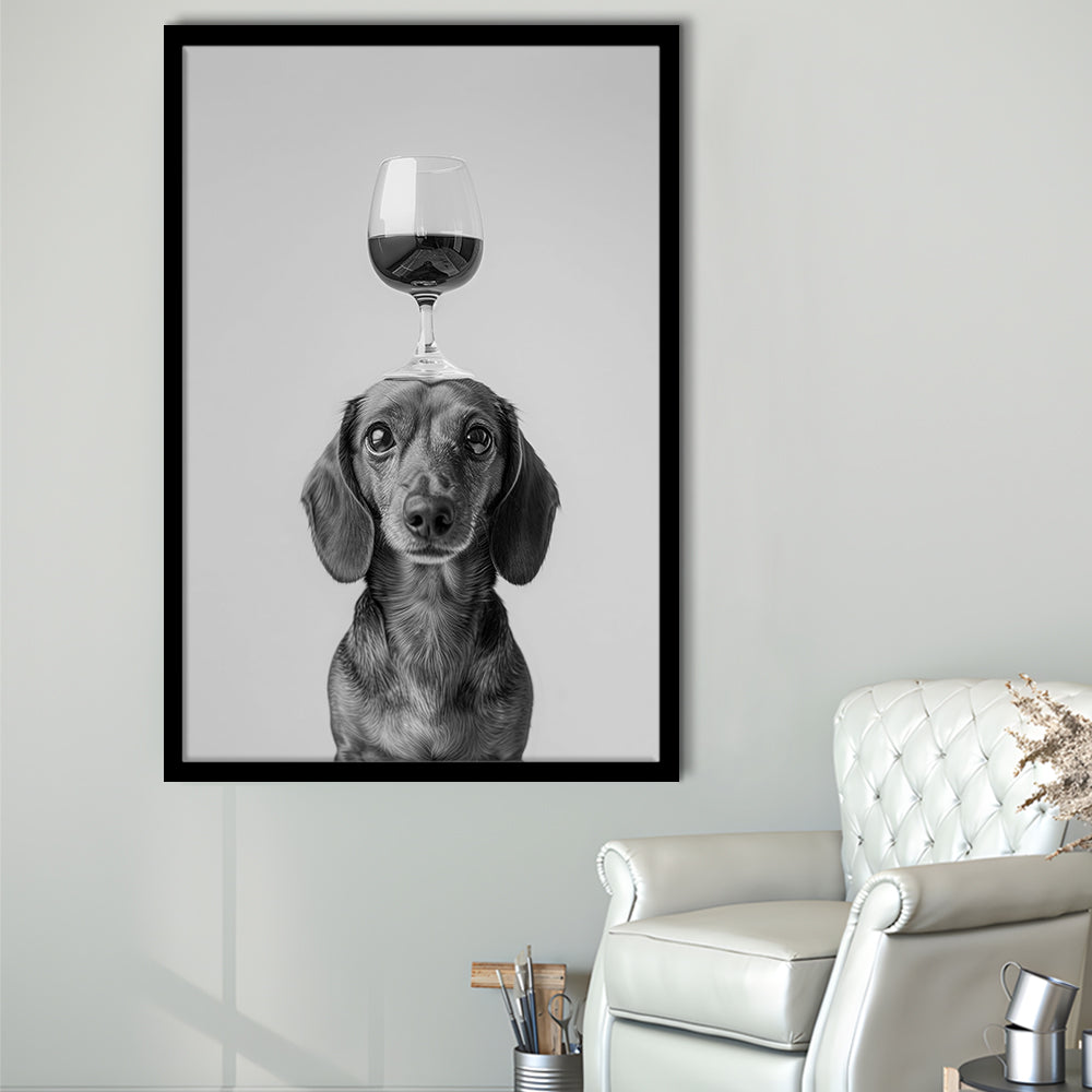 Dachshund Balancing Wine On Head Framed Art Print Wall Decor, Black and White, Wine Glass Art, Kitchen Wall Decor
